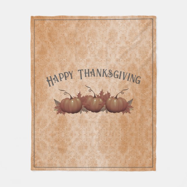 Thanksgiving Pumpkin Damask | Orange Fleece Blanket (Front)