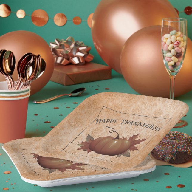 Thanksgiving Pumpkin Damask | Orange Paper Plate (Multi)