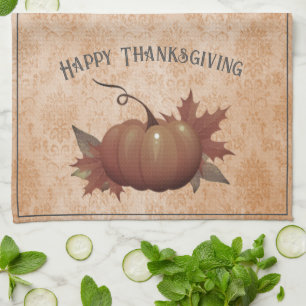 Thanksgiving Pumpkin Damask Orange Tea Towel