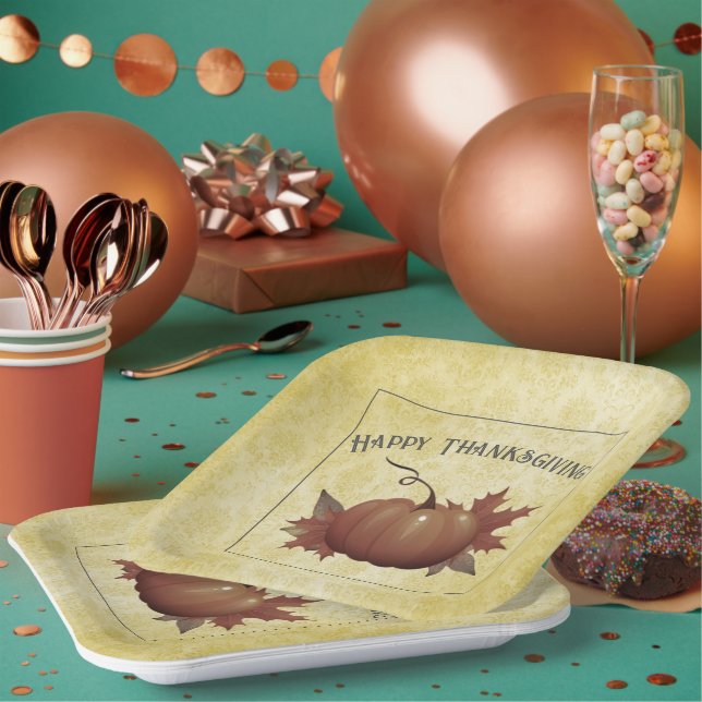 Thanksgiving Pumpkin Damask | Yellow Paper Plate (Multi)