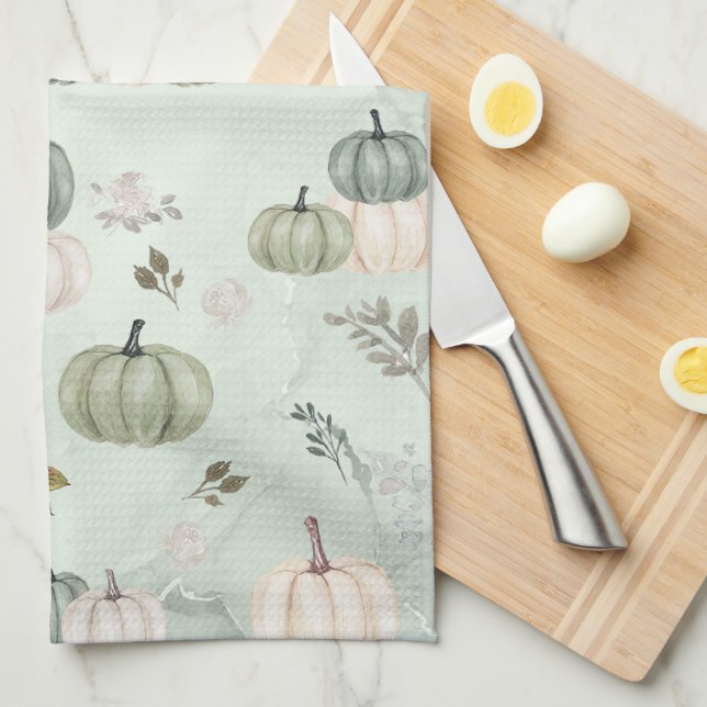 Thanksgiving Pumpkin Fall Sage Green Tea Towel (Quarter Fold)