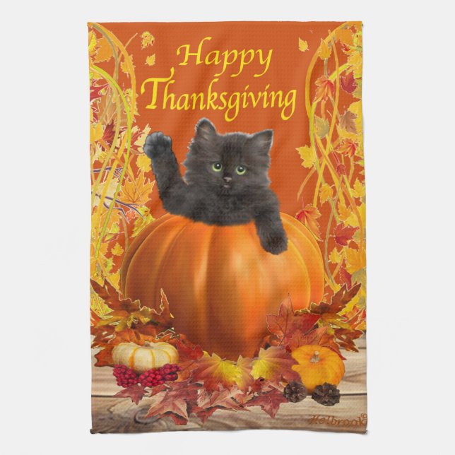 Thanksgiving Pumpkin Kitty Tea Towel (Vertical)