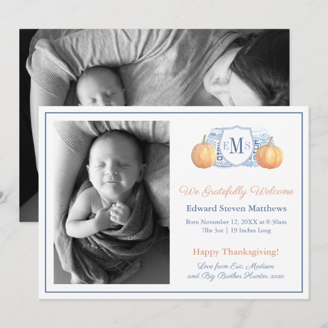 Thanksgiving Pumpkin Monogram Grateful Baby Birth  Announcement (Front/Back)