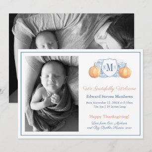 Thanksgiving Pumpkin Monogram Grateful Baby Birth  Announcement