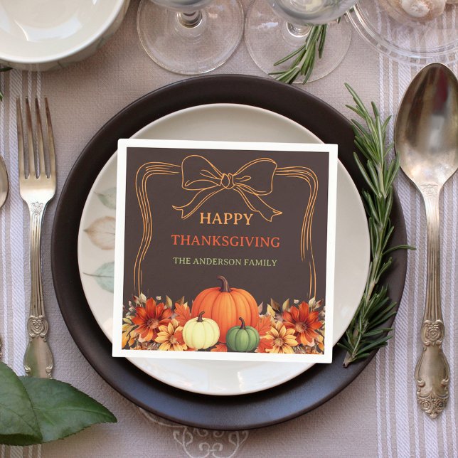 Thanksgiving pumpkin orange bow hand-drawn bistre napkin (Creator Uploaded)
