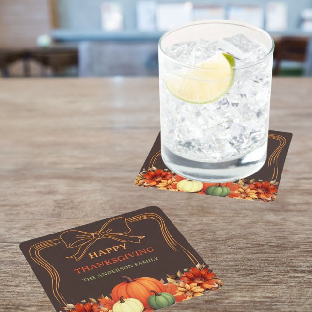 Thanksgiving pumpkin orange bow hand-drawn bistre square paper coaster (Creator Uploaded)