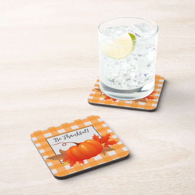 Thanksgiving Pumpkin Orange Buffalo Plaid Coaster (Right Side)