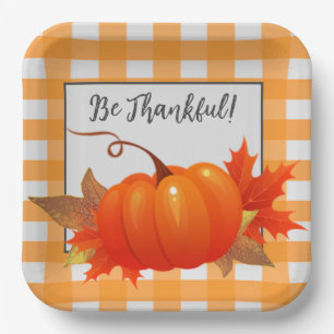 Thanksgiving Pumpkin Orange Buffalo Plaid Paper Plate