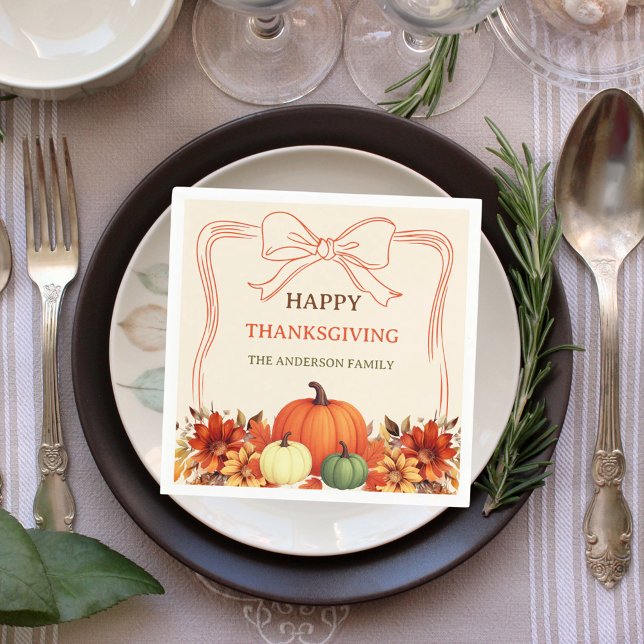 Thanksgiving pumpkin orange florals bow hand-drawn napkin (Creator Uploaded)
