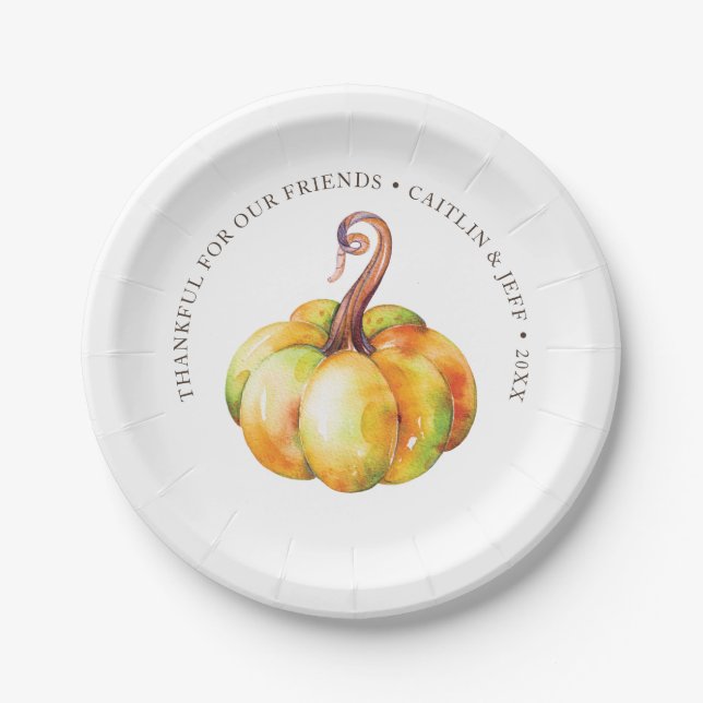 Thanksgiving pumpkin personalised watercolor paper plate (Front)