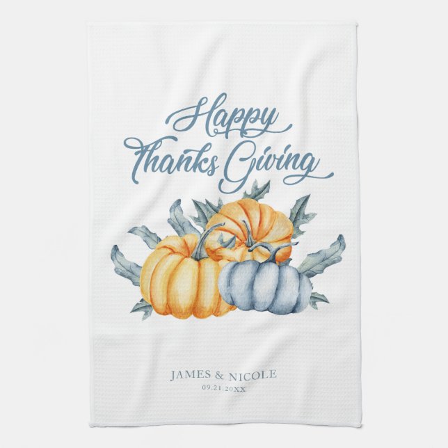 Thanksgiving pumpkin Personalised watercolor Tea Towel (Vertical)