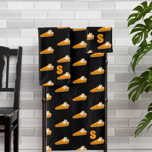 Thanksgiving Pumpkin Pie Pattern Monogrammed Black Bath Towel Set (If you love Pumpkin Pie (and who doesn't) pop these towels in your bathroom. Just add your initial)