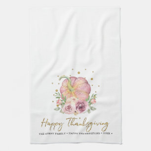Thanksgiving Pumpkin Pink Family Name Tea Towel
