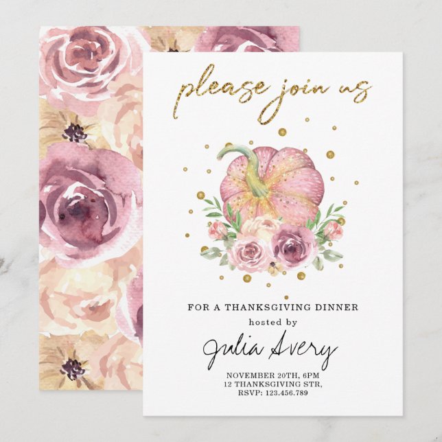 Thanksgiving Pumpkin Pink Floral Invitation (Front/Back)