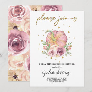Thanksgiving Pumpkin Pink Floral Invitation