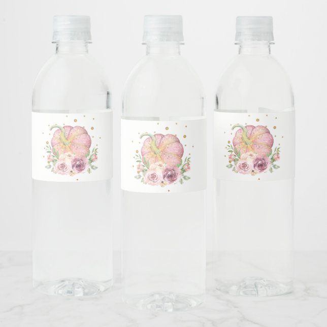 Thanksgiving Pumpkin Pink Floral Water Bottle Label (Bottles)