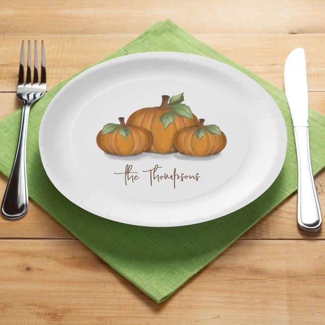 Thanksgiving Pumpkin Rustic Personalised Paper Plate (Simple Fall Autumn harvest pumpkins custom paper plates. )