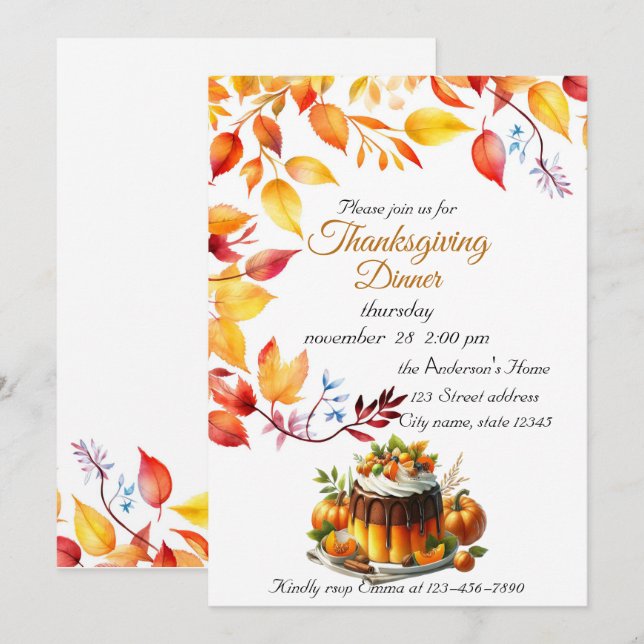 Thanksgiving Pumpkin Watercolor Autumn Invitation (Front/Back)