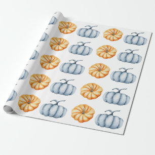 Thanksgiving pumpkin watercolor orange and blue wrapping paper