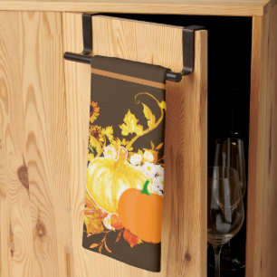 Thanksgiving Pumpkin with Autumn Leaves Holiday Tea Towel