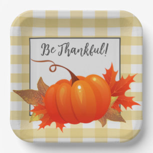 Thanksgiving Pumpkin Yellow Buffalo Plaid Paper Plate
