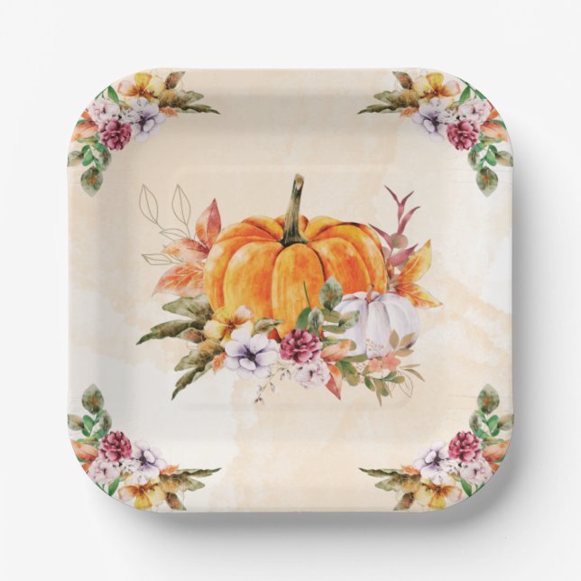 Thanksgiving Pumpkins And Flowers Paper Plate (Front)