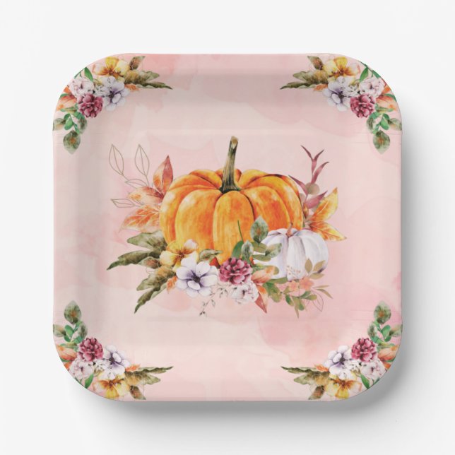 Thanksgiving Pumpkins And Flowers Paper Plates (Front)
