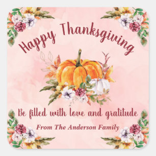 Thanksgiving Pumpkins And Flowers With Text 2 Square Sticker