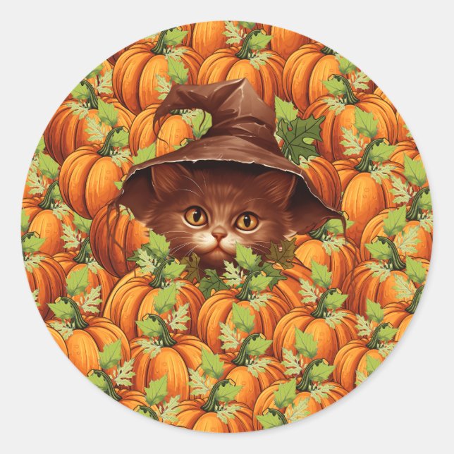 THANKSGIVING PUMPKINS CUTE CAT CLASSIC ROUND STICKER (Front)