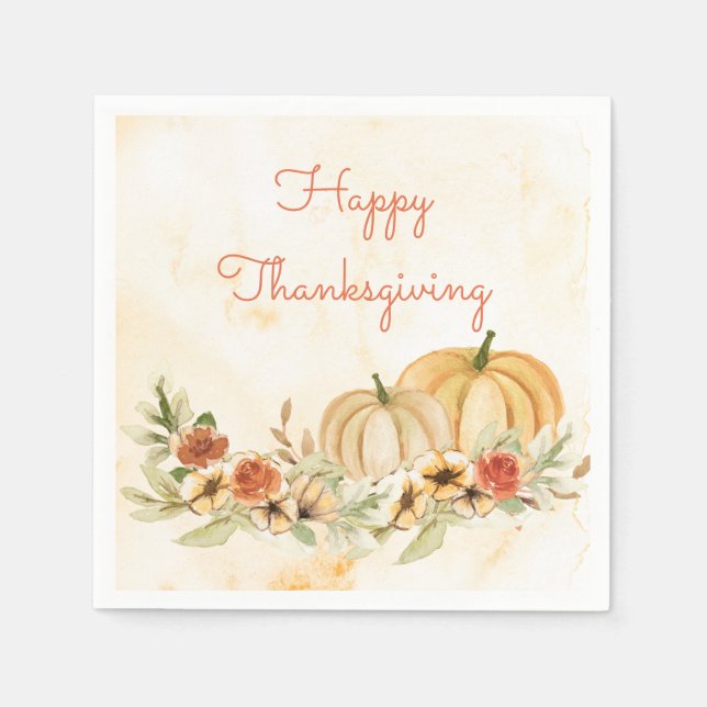 Thanksgiving Pumpkins Floral Watercolor Script  Napkin (Front)