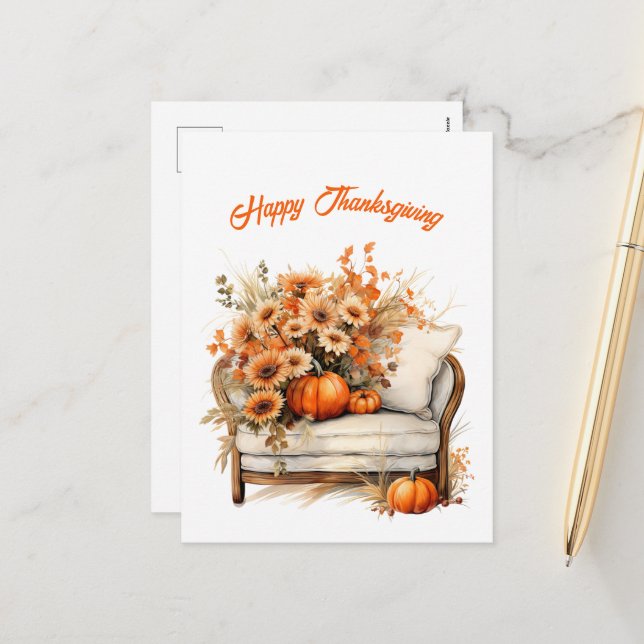 Thanksgiving Pumpkins Flowers Chairs Illustration Holiday Postcard (Front/Back In Situ)
