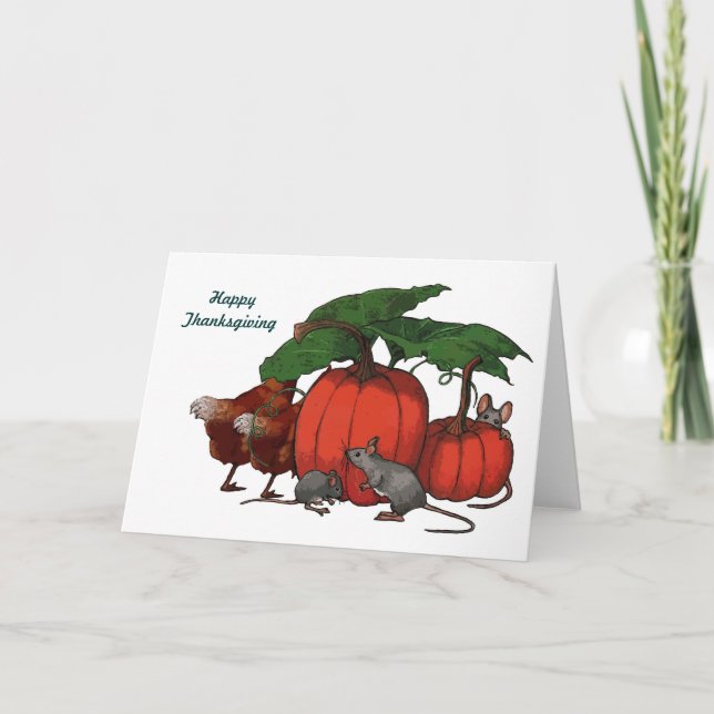 Thanksgiving: Pumpkins, Mice, Chickens: Art Holiday Card (Front)