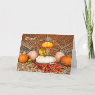 Thanksgiving pumpkins on hay bale card