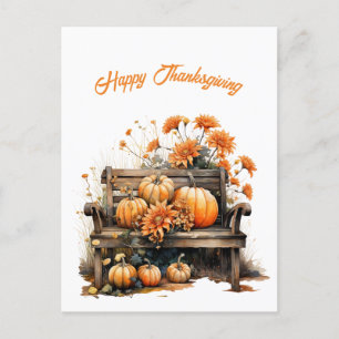 Thanksgiving Pumpkins Rustic Bench Illustration Holiday Postcard