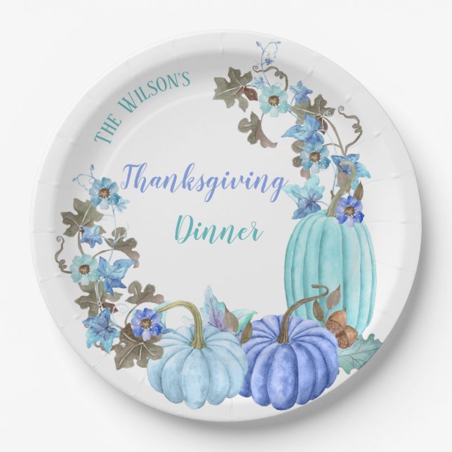 Thanksgiving Pumpkins Teal Turquoise Blue Paper Plate (Front)