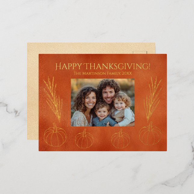 Thanksgiving Pumpkins Wheat Family Photo Foil Holiday Postcard (Front/Back)