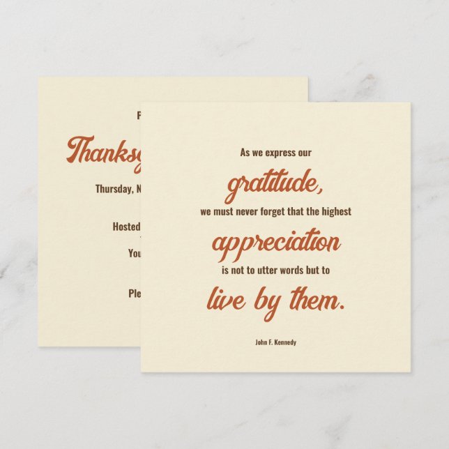 Thanksgiving Quote by John F. Kennedy Dinner Invitation (Front/Back)