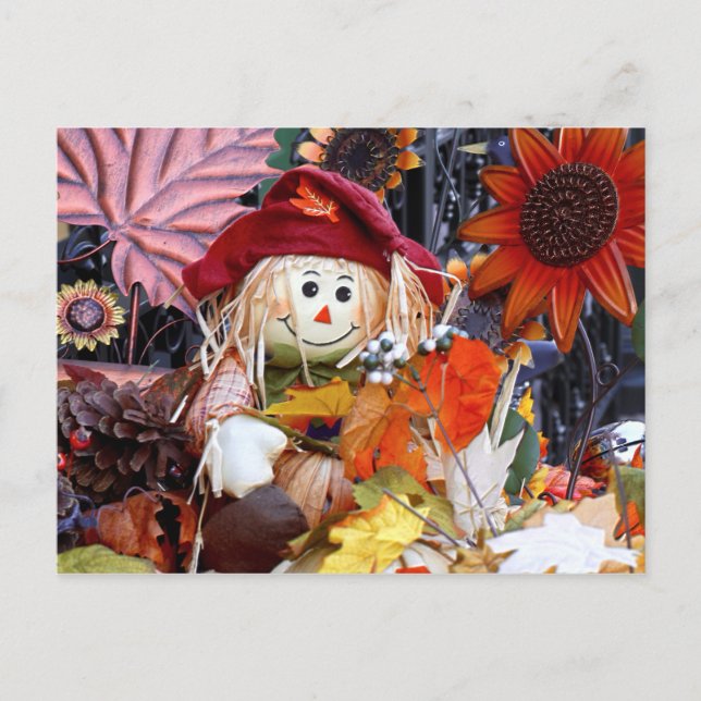 Thanksgiving Rag Doll Amongst Autumn Harvest Scene Holiday Postcard (Front)