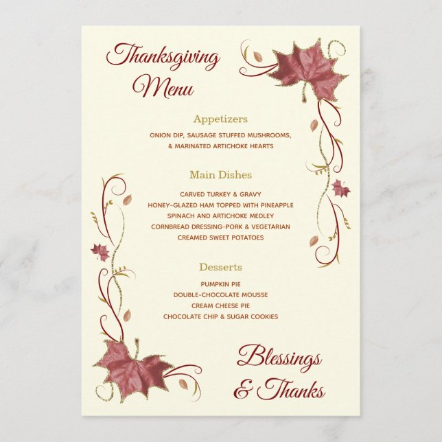 Thanksgiving Red Maple Leaves & Swirls Menu (Front)