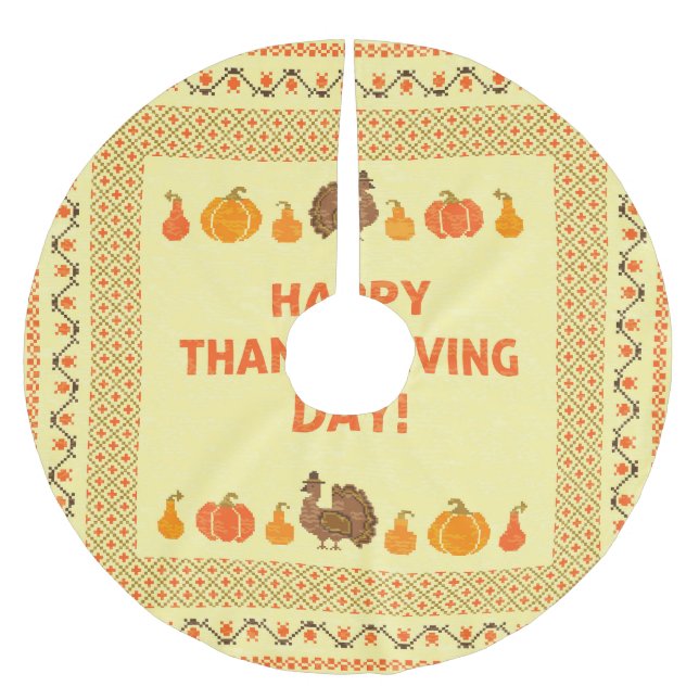Thanksgiving: retro embroidered card design. brushed polyester tree skirt (Front)
