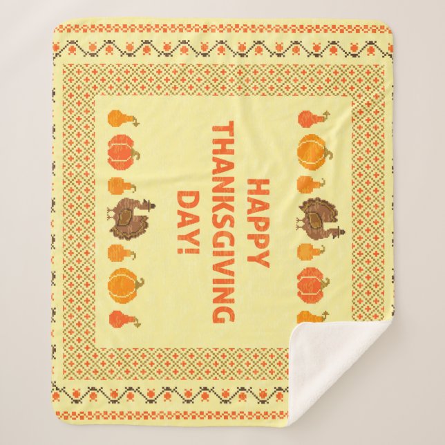 Thanksgiving: retro embroidered card design. sherpa blanket (Front)