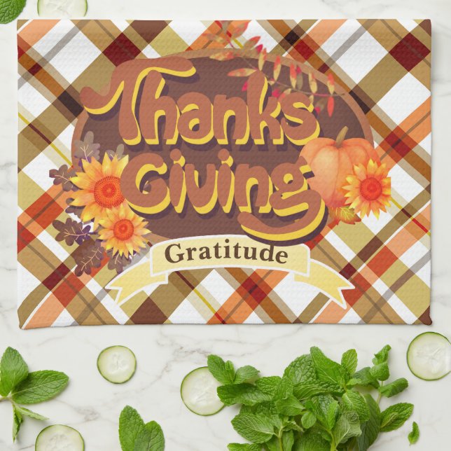 Thanksgiving Retro Plaid Tea Towel (Folded)