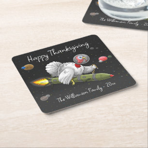 Thanksgiving Rocket Turkey Square Paper Coaster