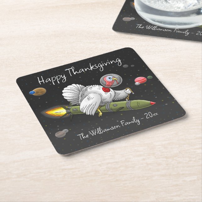 Thanksgiving Rocket Turkey Square Paper Coaster (Angled)