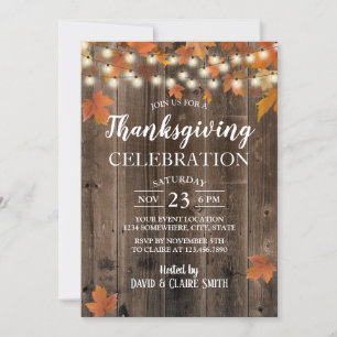 Thanksgiving Rustic Autumn Leaves & String Lights Invitation