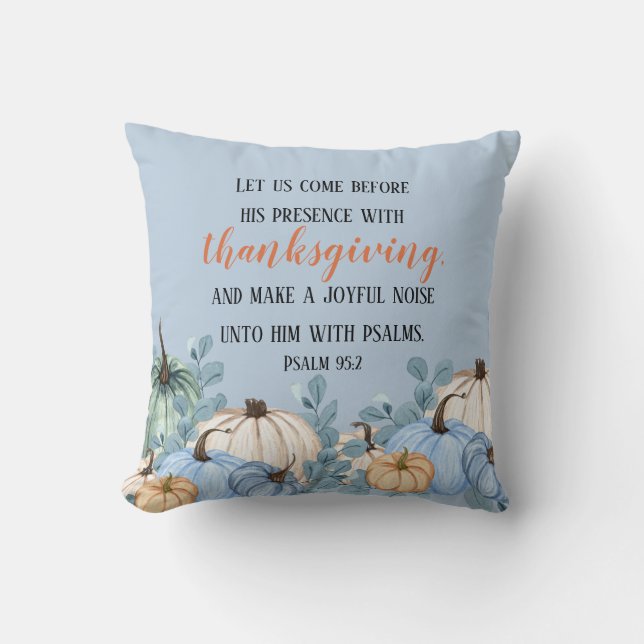 Thanksgiving Rustic Blue Pumpkins Scripture Cushion (Front)