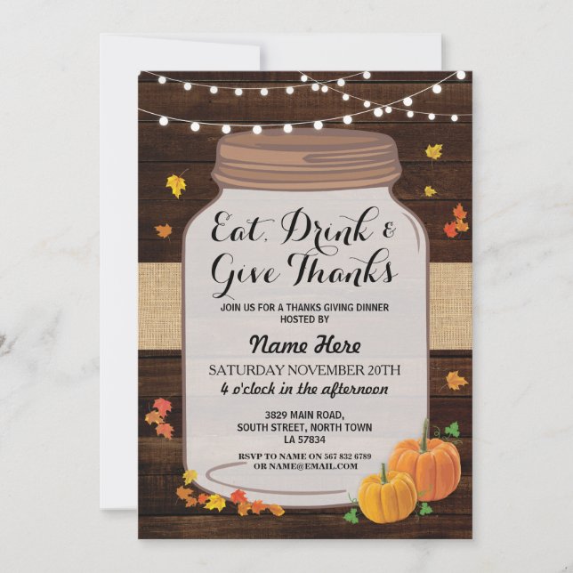 Thanksgiving  Rustic Jar Wood Pumpkin Leaf Invite (Front)