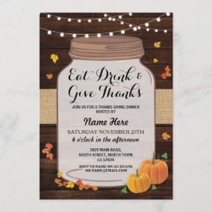 Thanksgiving  Rustic Jar Wood Pumpkin Leaf Invite