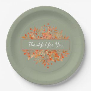 Thanksgiving Sage Green Fall Foliage  Paper Plate