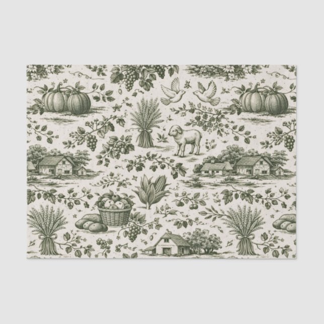 Thanksgiving Sage Green Harvest Toile Tissue Paper (Front)